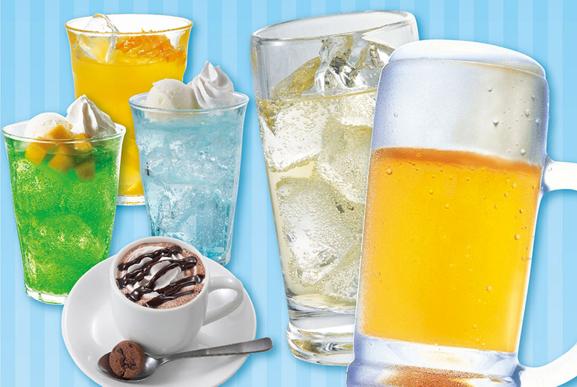 Our all-you-can-drink menu includes various kinds of soft drinks and alcoholic beverages. 